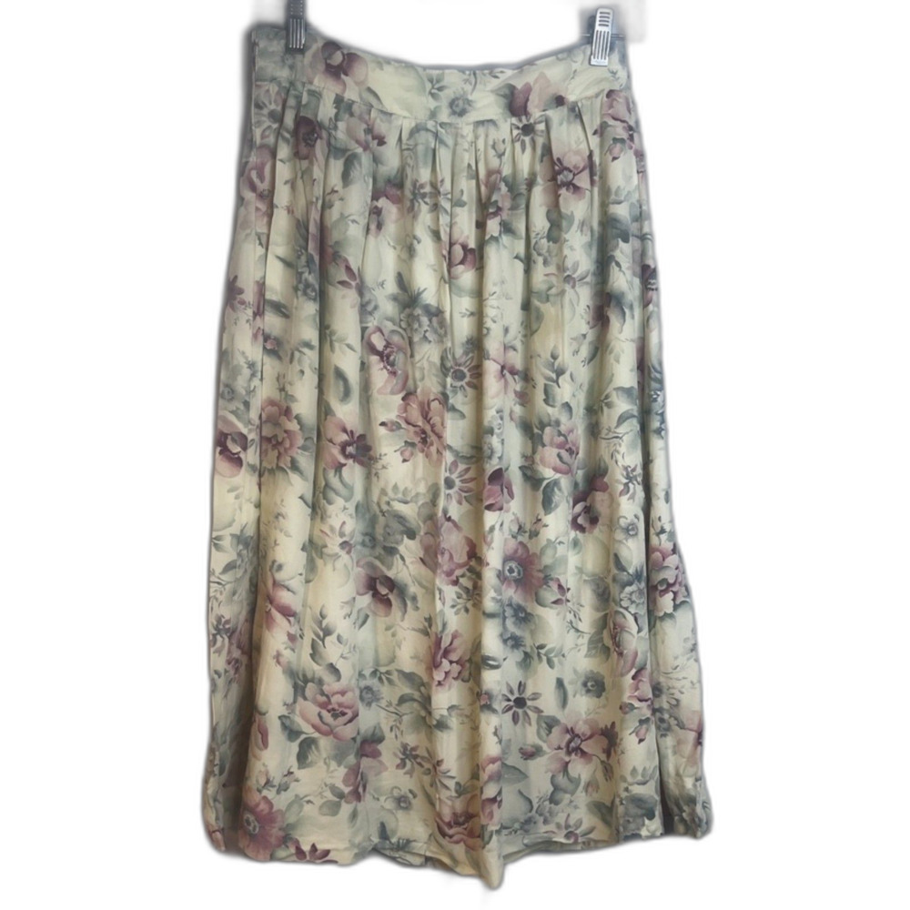 Lee David Vintage Cream Floral Cottage Core Midi Skirt Rayon Twee Coquette Sz LG
